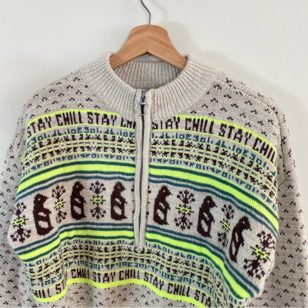 Urban Outfitters BDG Jesse Half-Zip Sweater Tan Brown and Neon Green - XS - Picture 9 of 16